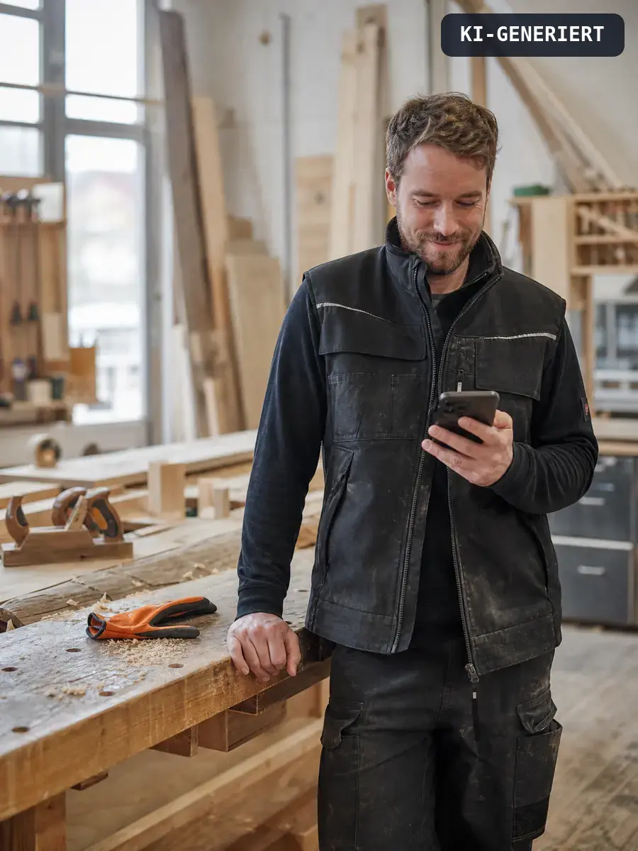 Schreiner liest in der Werkstatt eine Nachricht, KI-generiert