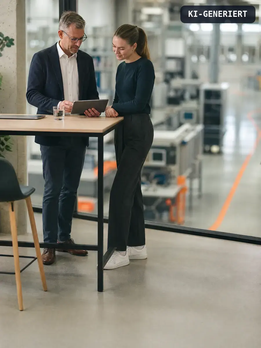 Zwei Kollegen mit Tablet, Blick in die Produktion, KI-generiert