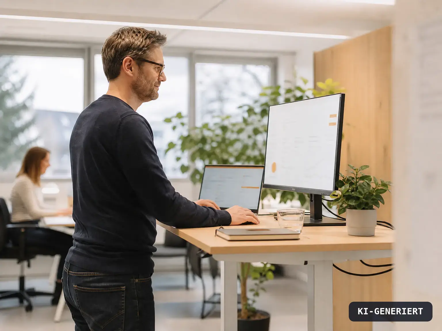 Vertriebsmitarbeiter arbeitet konzentriert an Laptop und Monitor im offenen Büro, KI-generiert