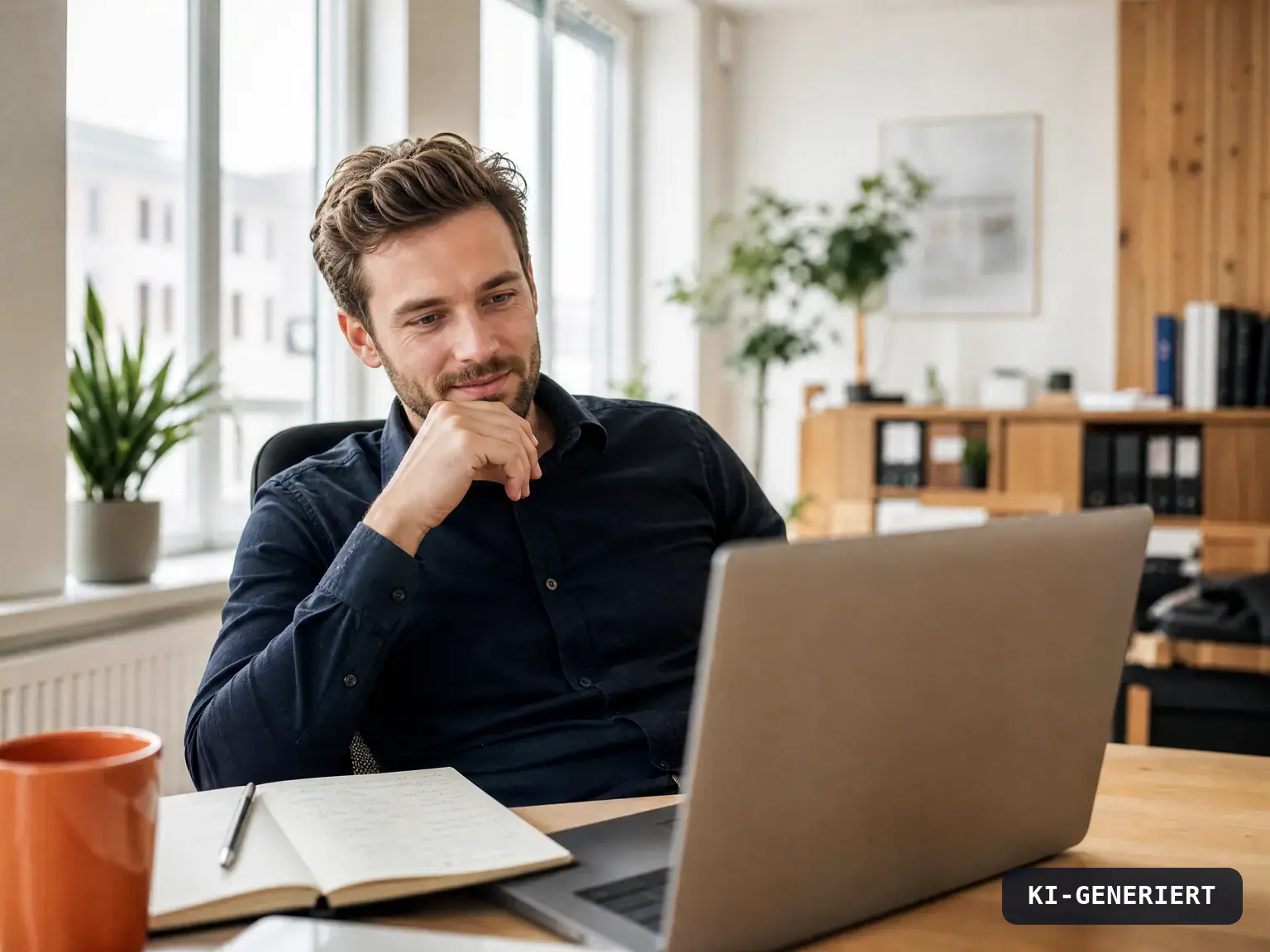 Projektmanager liest am Laptop eine ausführliche Antwort und denkt nach, KI-generiert