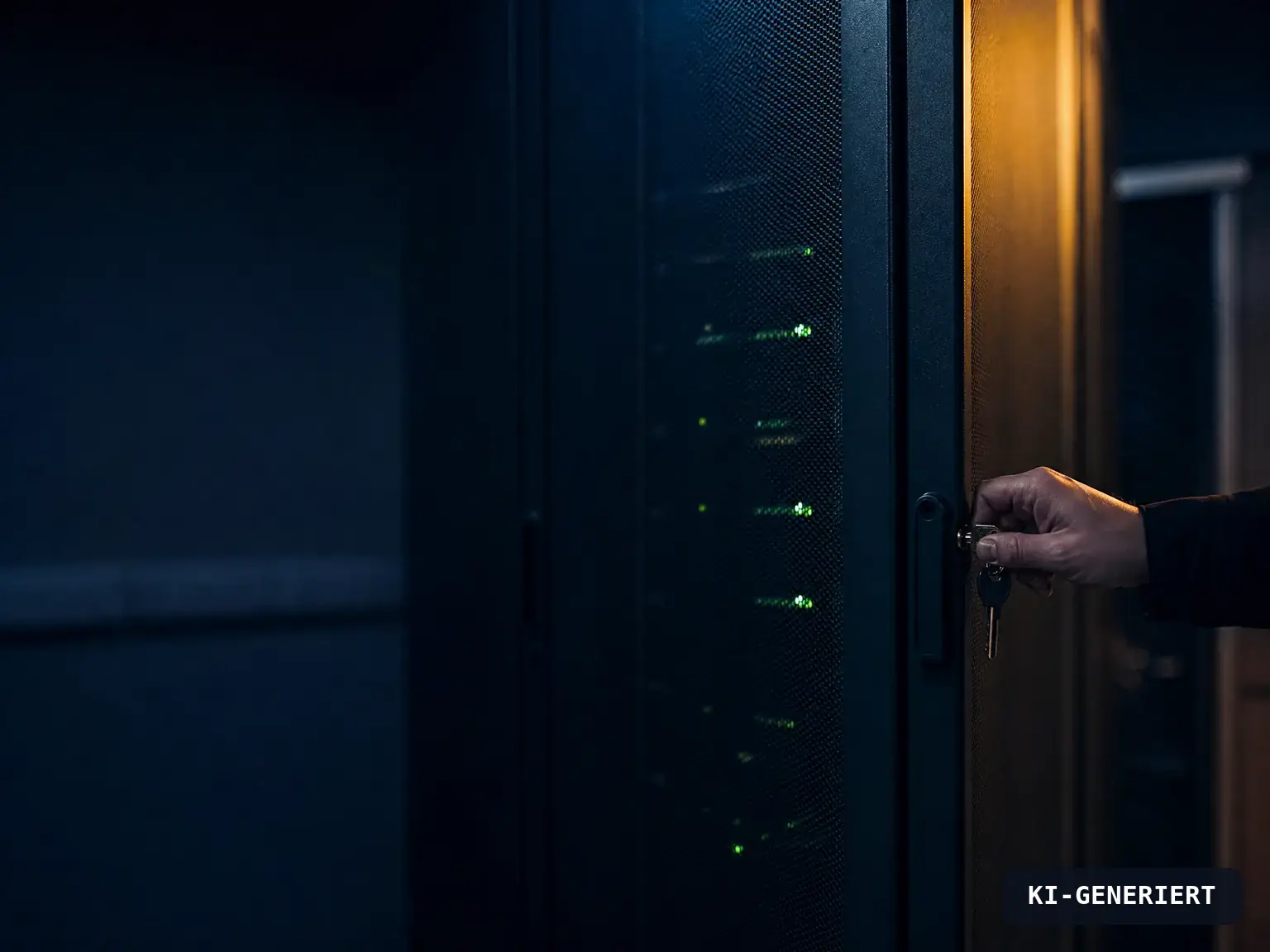 Ein Administrator schließt nachts einen Server-Schrank mit dem Schlüssel ab, KI-generiert