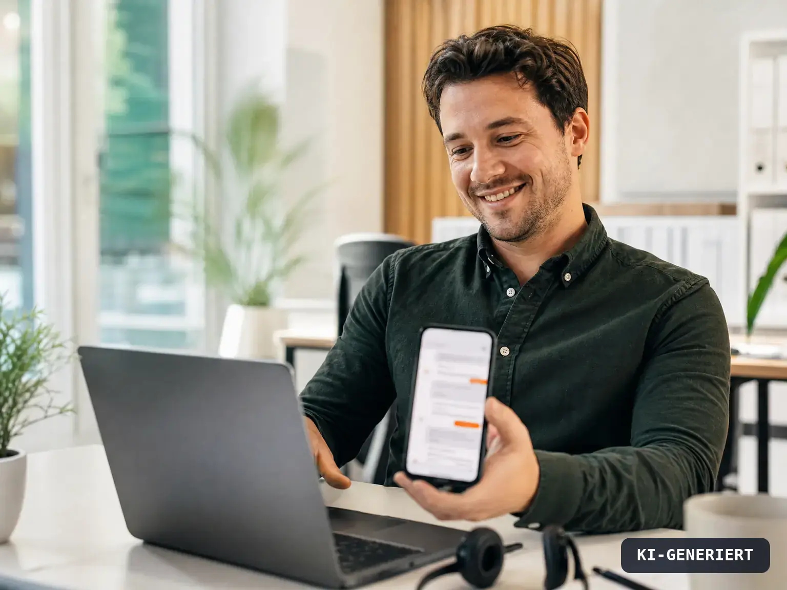 Kundenservice-Mitarbeiter gibt auf dem Smartphone eine vorbereitete Antwort frei, KI-generiert