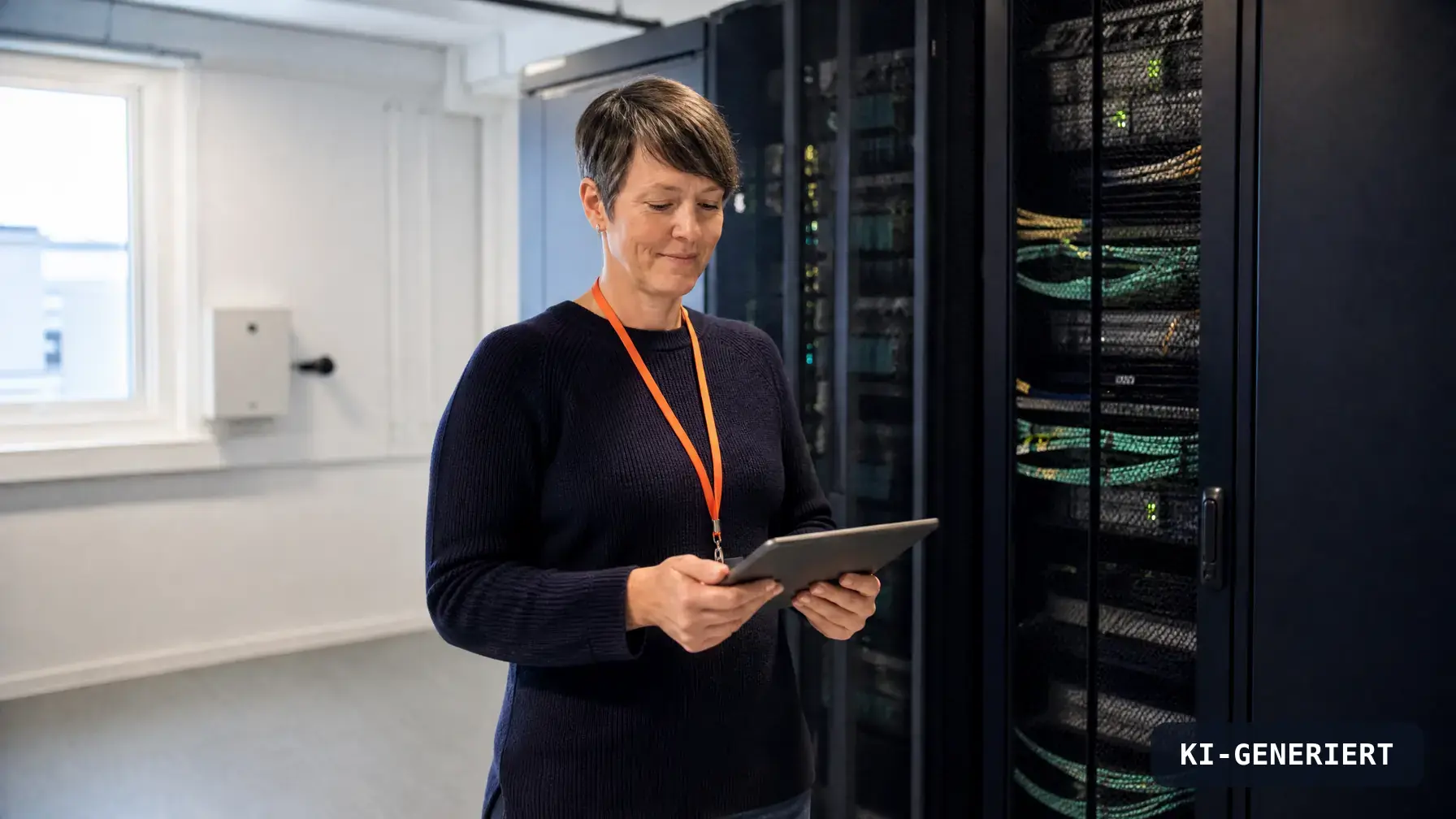 IT-Verantwortliche steht entspannt mit einem Tablet im Serverraum eines Mittelständlers, KI-generiert
