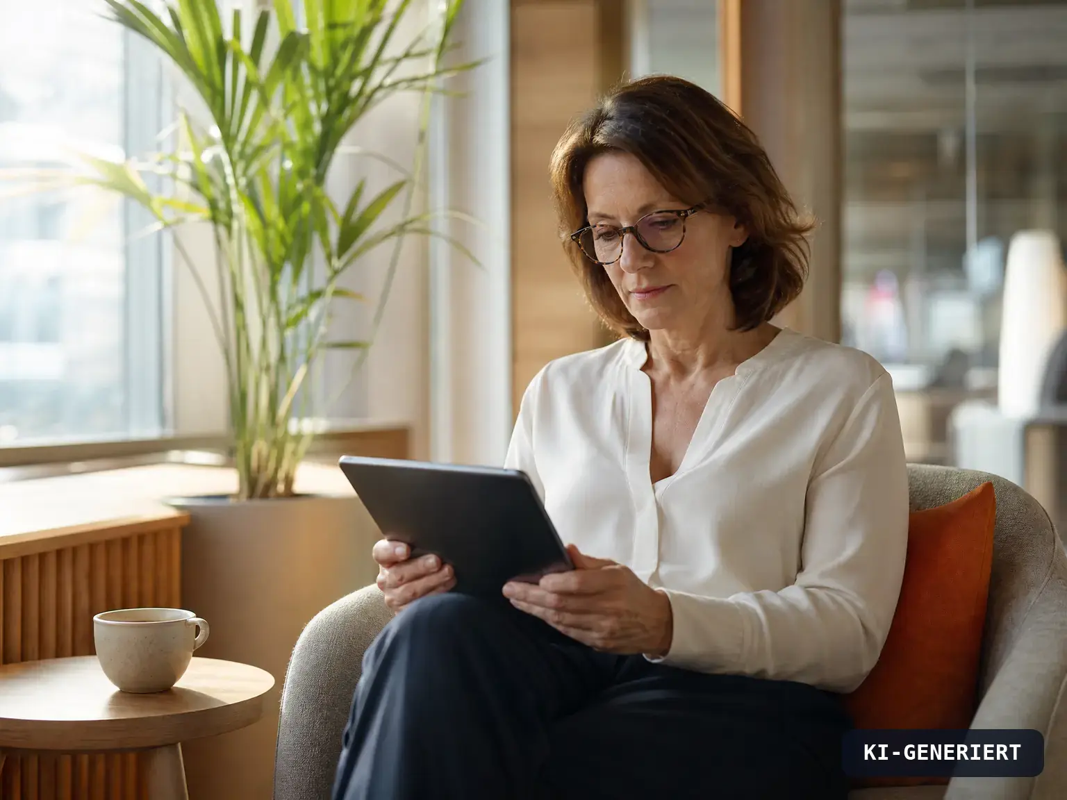 Geschäftsführerin liest morgens im Büro einen Artikel auf dem Tablet, KI-generiert