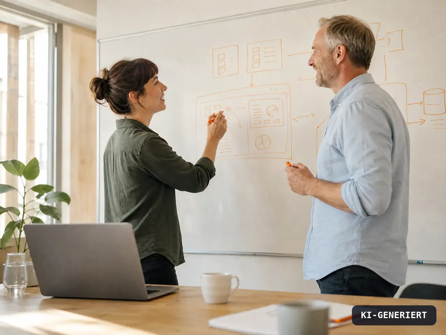Entwicklerin und Unternehmer skizzieren am Whiteboard ein Dashboard, KI-generiert