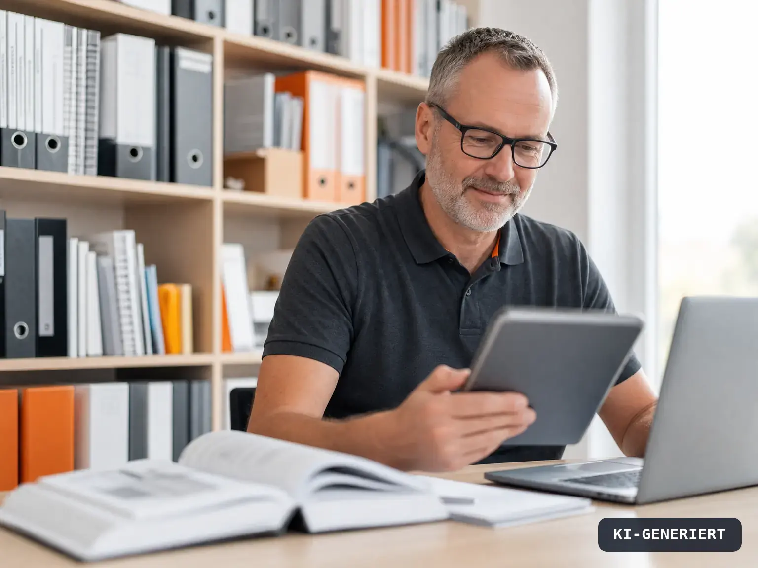Qualitätsmanager findet auf dem Tablet eine Antwort, hinter ihm Ordner und Handbücher, KI-generiert