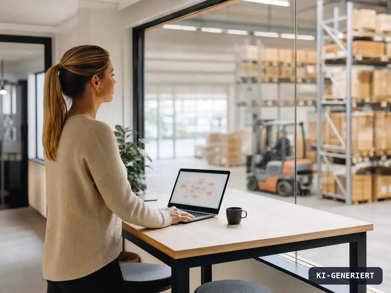 Leiterin Operations am Stehtisch mit Laptop, durch die Glasscheibe das Lager, KI-generiert
