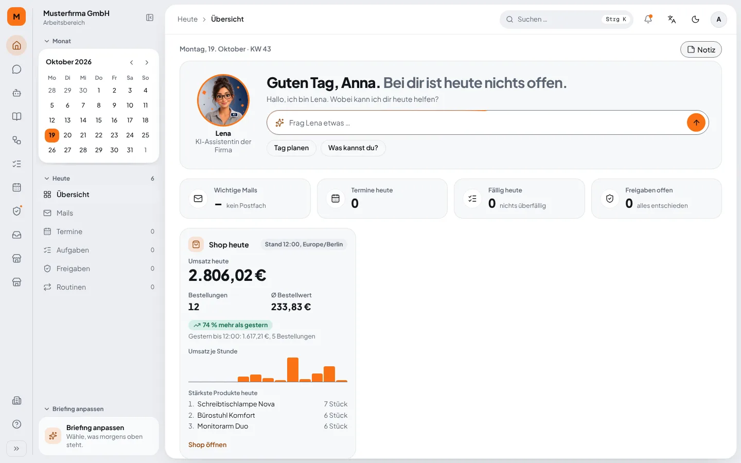 Widget „Shop heute“ auf der Startseite von Lokyy mit Umsatz, Bestellungen und Top-Produkten