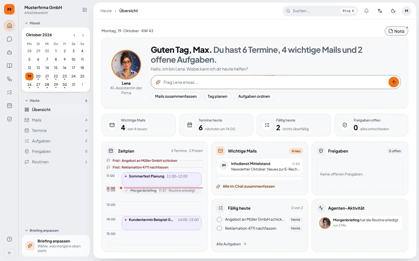 Lokyy: Übersicht Heute mit Briefing, Zeitplan, Mails und Freigaben