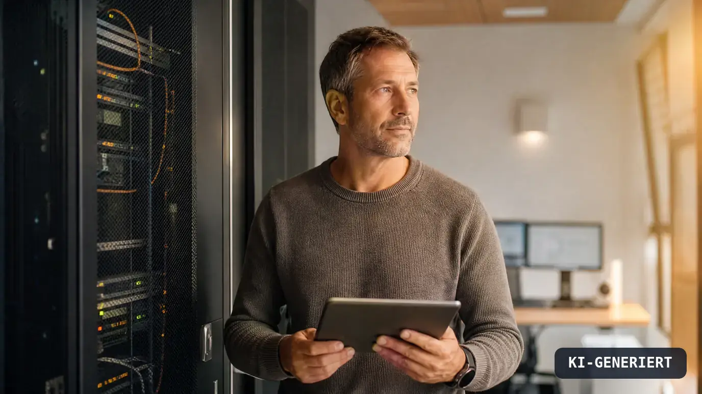 IT-Leiter steht vor einem Serverschrank und vergleicht Optionen auf dem Tablet, KI-generiert