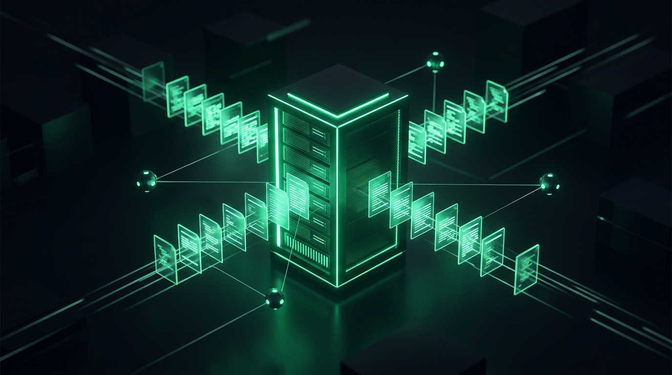 Glühender Server mit ausströmenden Datei-Karten, die zu KI-Knoten verbunden sind — Symbol für Datensouveränität