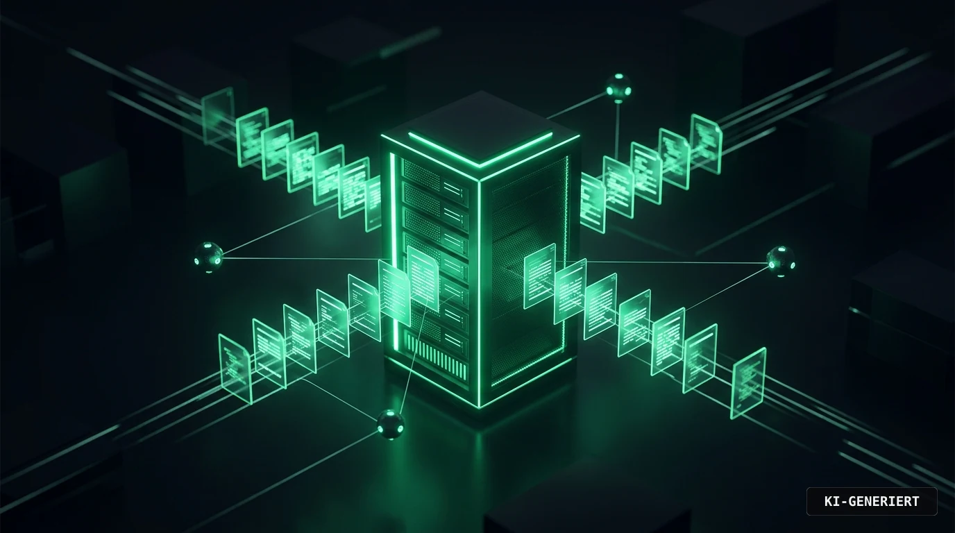 Isometrische Darstellung eines Servers mit ausströmenden Datei-Karten, KI-generiertes Bild
