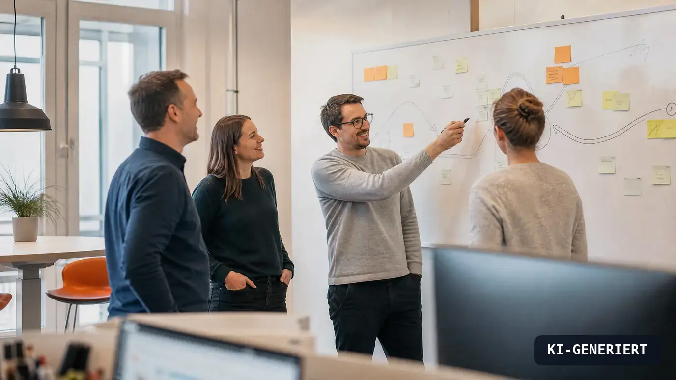 Team bespricht an einem Whiteboard einen Plan zur KI-Einführung, KI-generiert