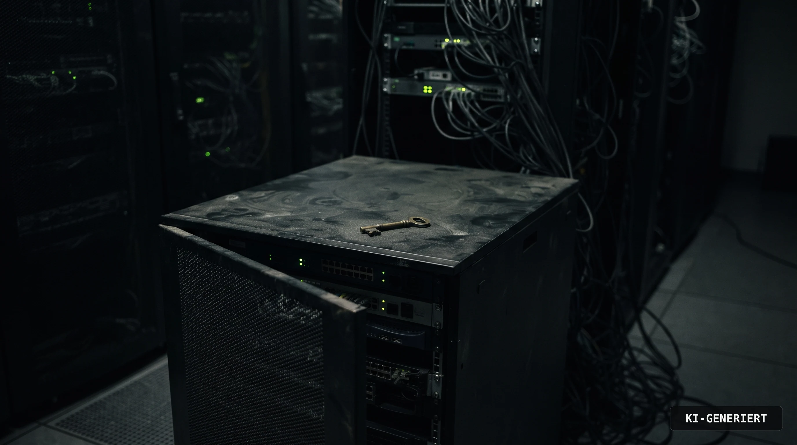 Ein Schlüssel auf einem Serverschrank im Halbdunkel, KI-generiertes Bild