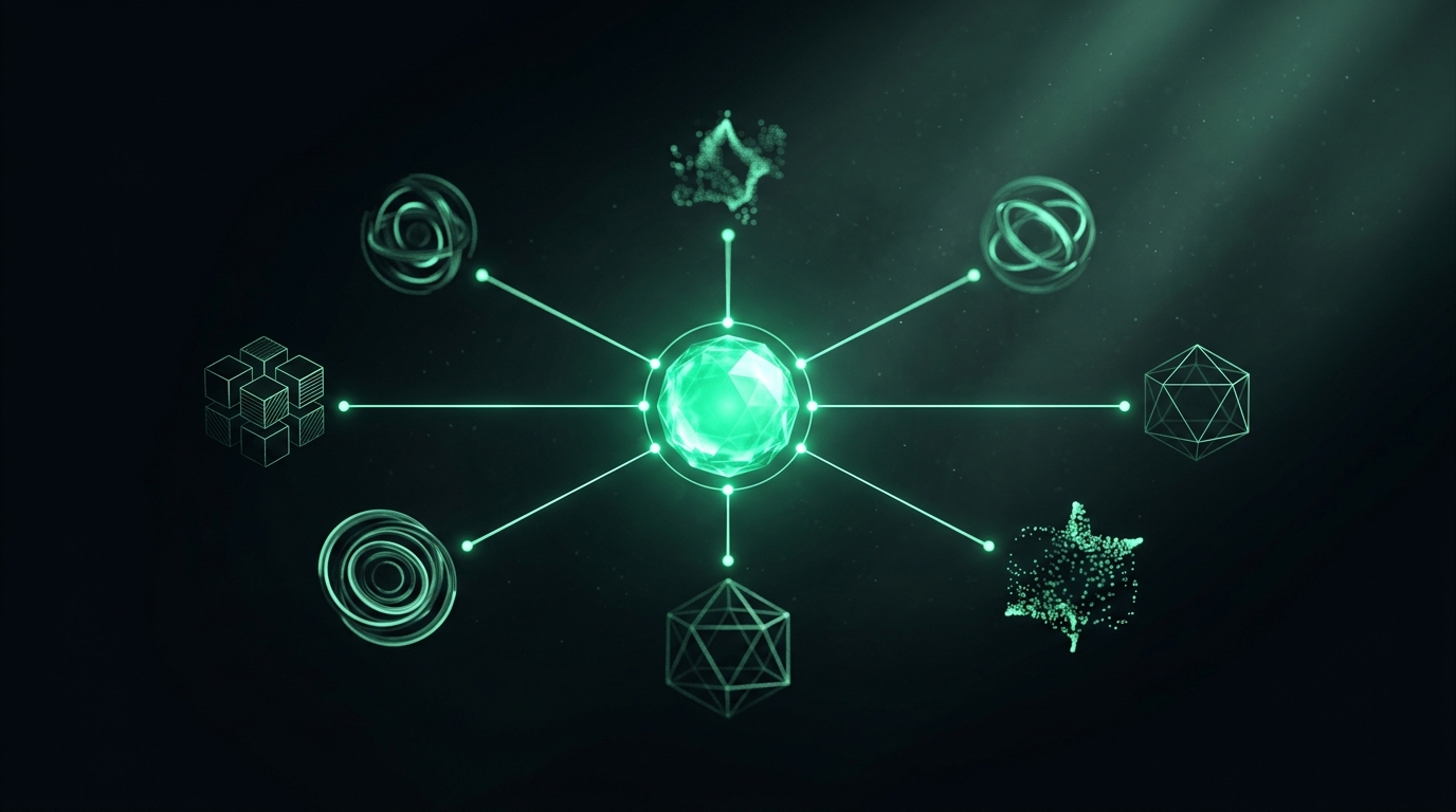 Zentraler glühender Wissens-Kern, verbunden mit mehreren KI-Modell-Knoten — Symbol für das Model Context Protocol