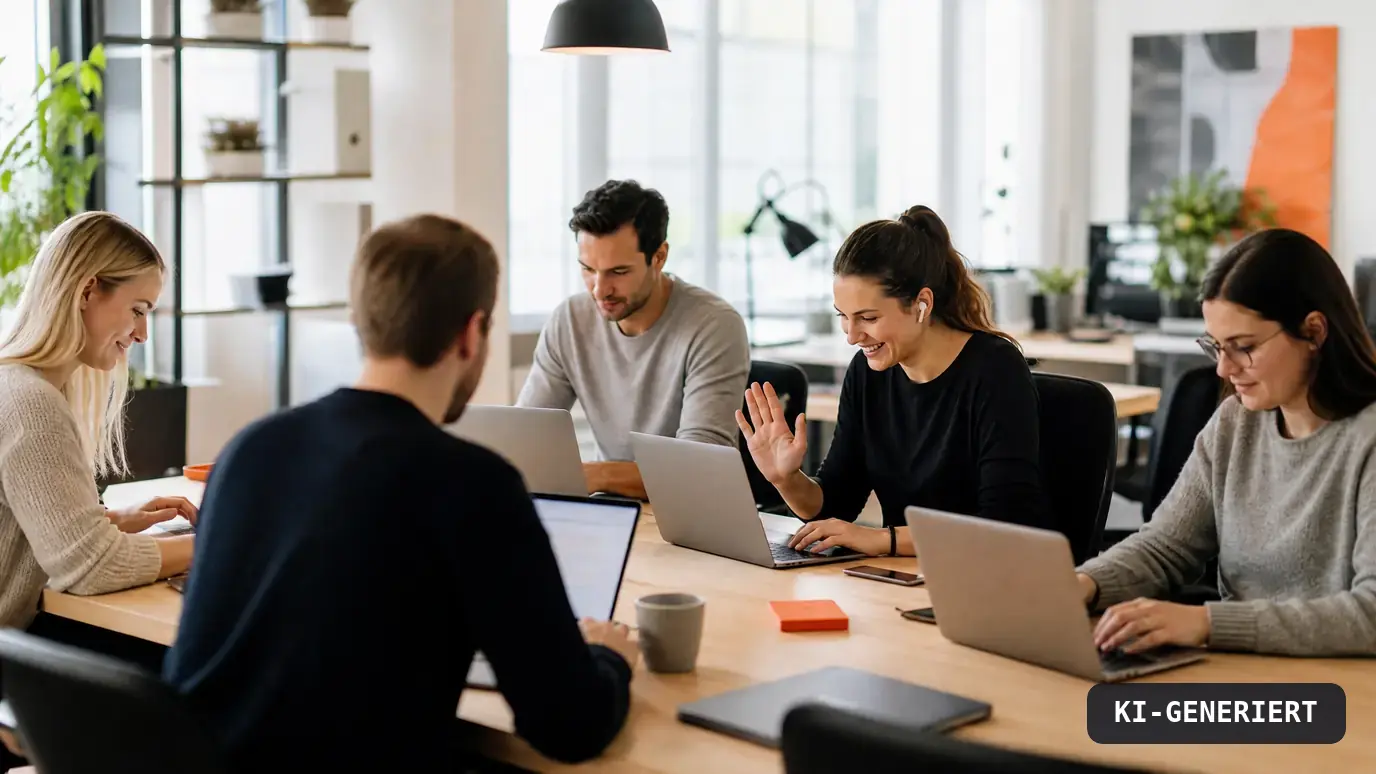 Kleines Team arbeitet entspannt zusammen in einem hellen Büro, KI-generiert