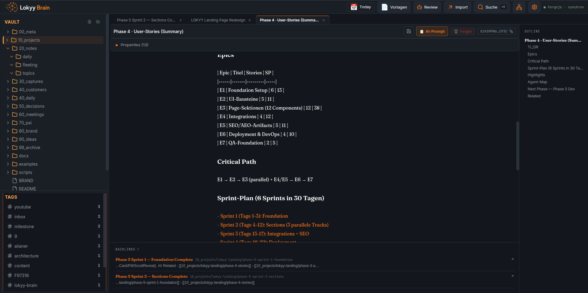 Lokky-Brain: Markdown-basiertes Second-Brain-System mit Vault-Struktur, Projekten, Tags und Notes.